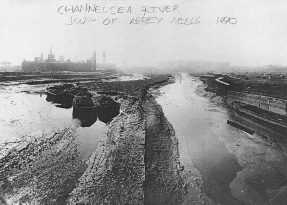 The Channelsea River at Abbey Mills at low tide