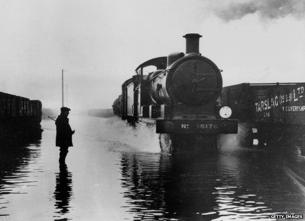 Stratford railway works in the 1928 flood